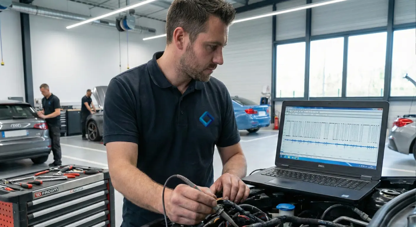 Samir expert en diagnostic automobile utilisant un oscilloscope