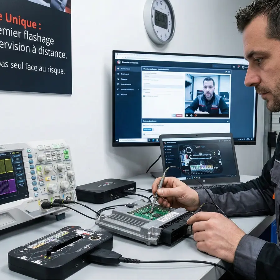 Technicien expert supervisant un flashage de calculateur automobile