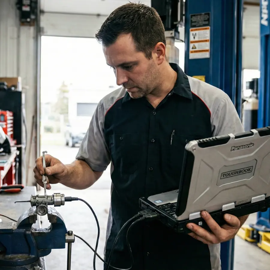 Un technicien de serrurerie mobile en action programmant une clé de voiture