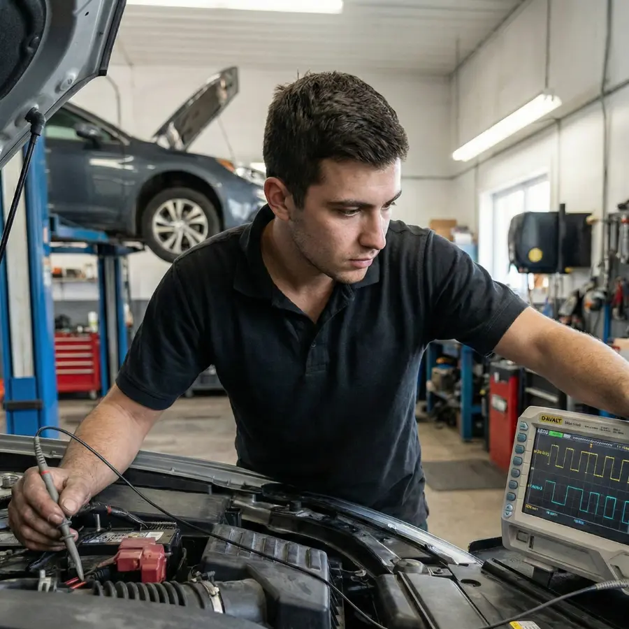 Nadir analysant un signal CAN à l'oscilloscope dans son atelier