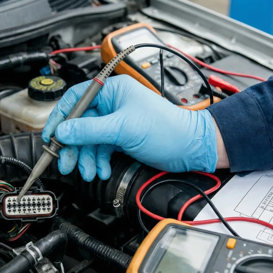 Main d'expert tenant une sonde d'oscilloscope sur un connecteur complexe