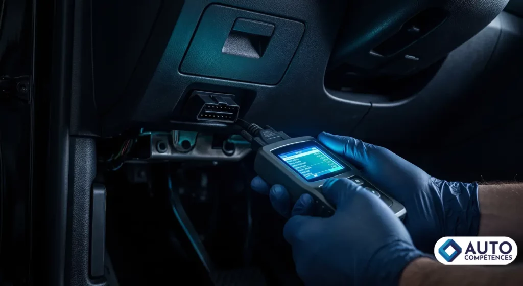 Mécanicien branchant une valise de diagnostic OBD2 sur la prise 16 broches d'un véhicule