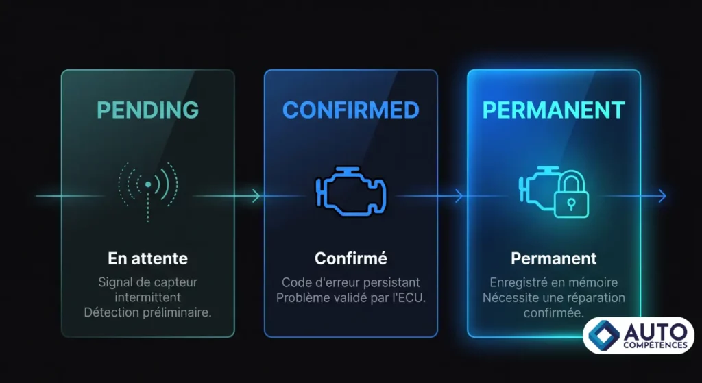 Infographie des 3 statuts d'un code défaut : en attente, confirmé, permanent