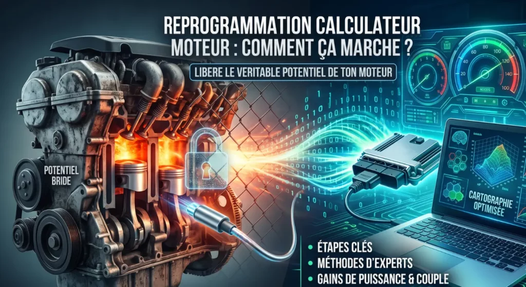 Reprogrammation d'un calculateur moteur (ECU) ouvert sur table : connexion des câbles au circuit imprimé pour extraire la cartographie