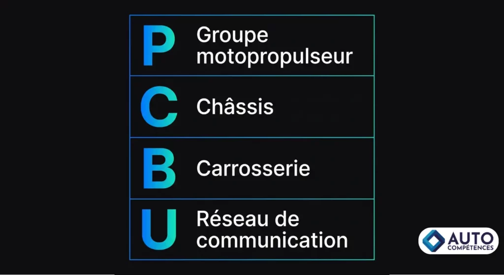 Tableau des 4 familles de codes défaut OBD : groupe motopropulseur, châssis, carrosserie, réseau